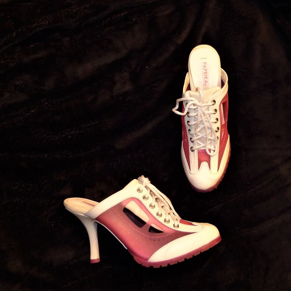 New PAPRIKA Dating Fuchsia Pink White Lace-up Mules Heels 8